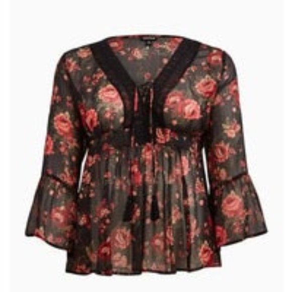 Babydoll Chiffon Lurex Crochet Detail Lace-Up Blouse - Picture 1 of 5